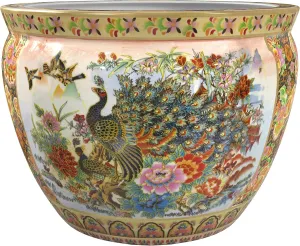 Red Lantern 14" Satsuma Garden & Peacock Porcelain Fishbowl Planter