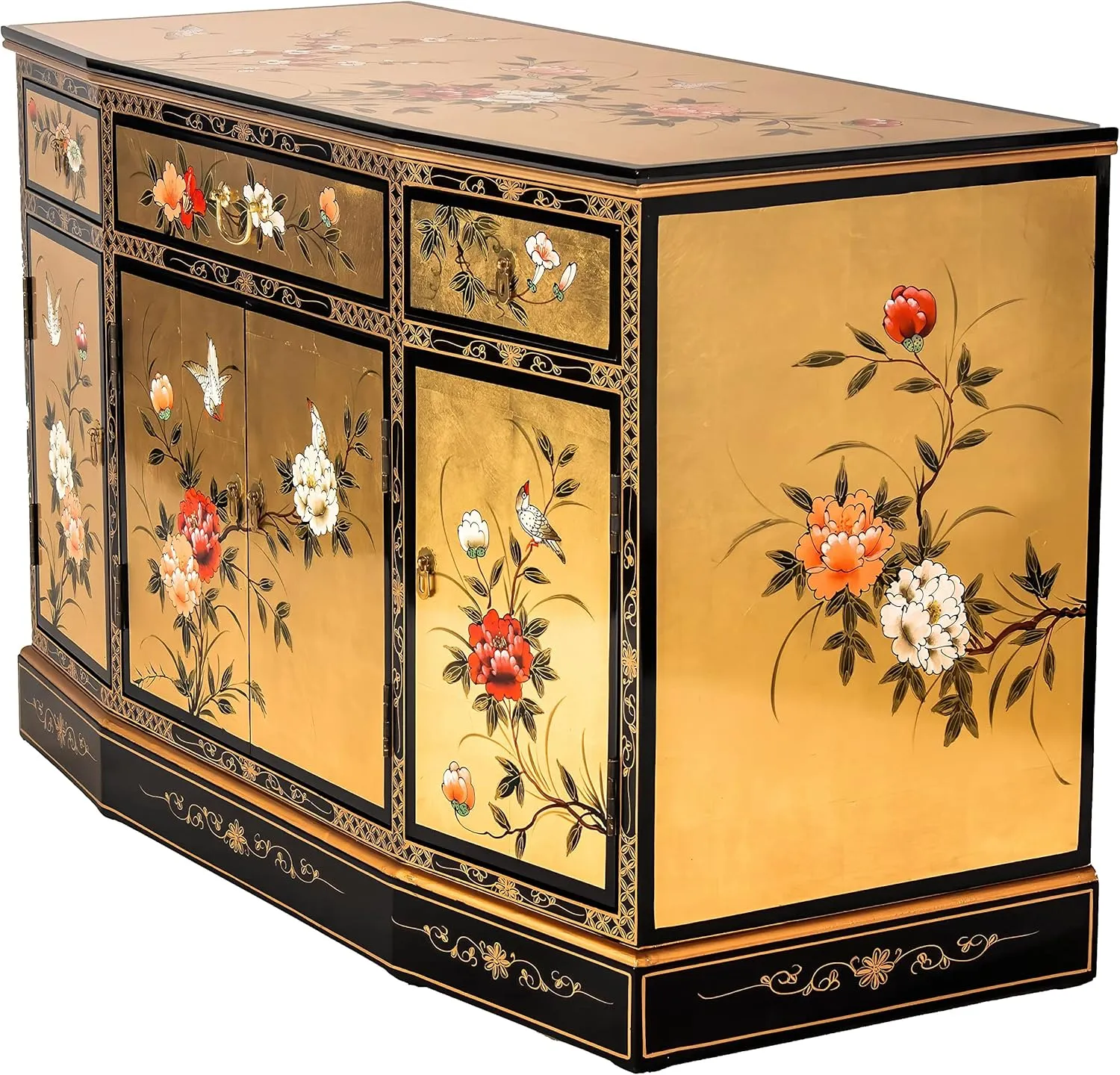 Red Lantern Artisan Crafted Gold Lacquer Slant Sideboard - Birds and Flowers