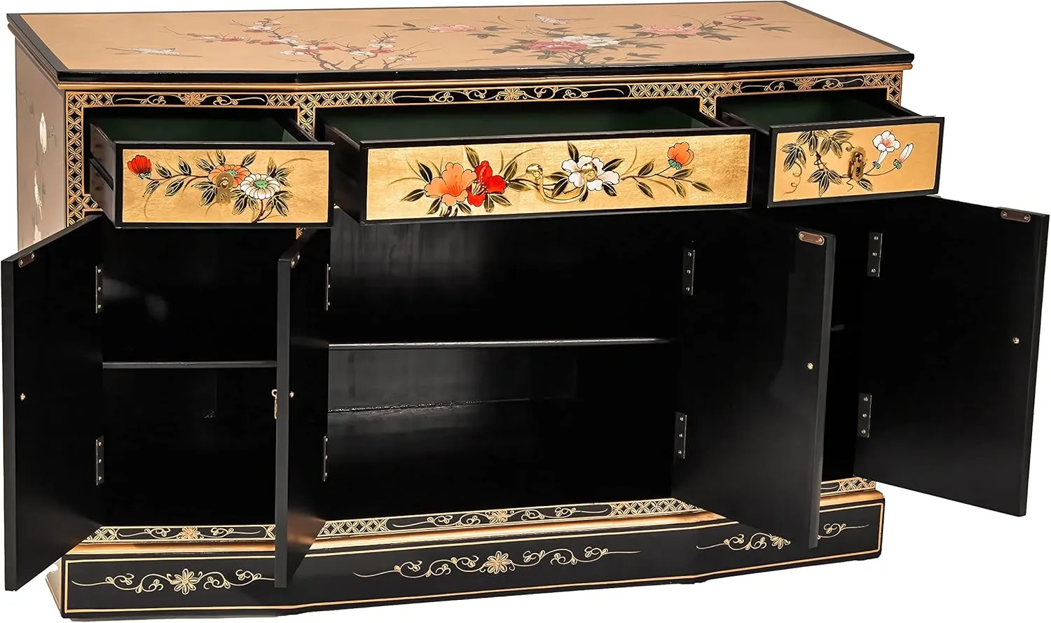Red Lantern Artisan Crafted Gold Lacquer Slant Sideboard - Birds and Flowers