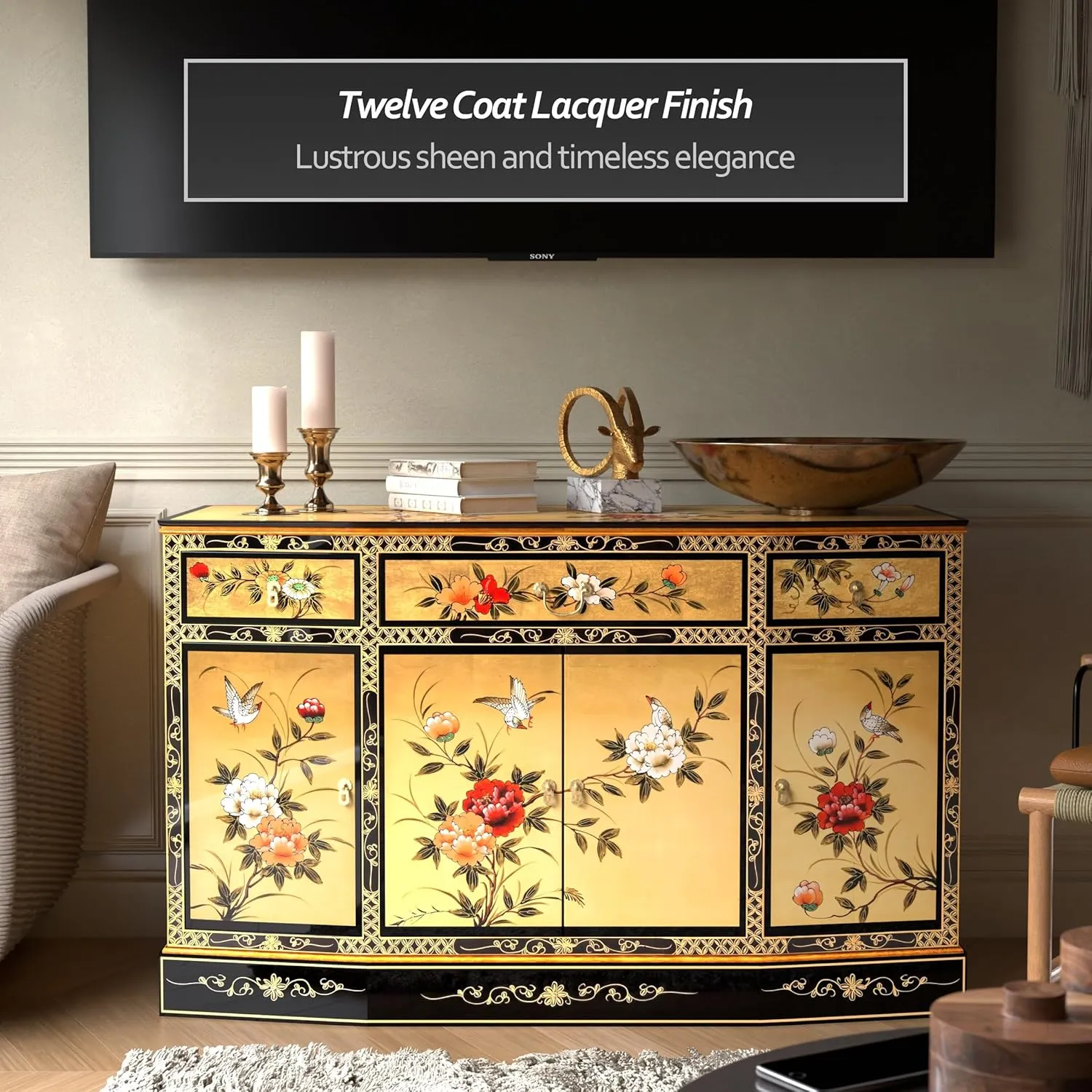 Red Lantern Artisan Crafted Gold Lacquer Slant Sideboard - Birds and Flowers