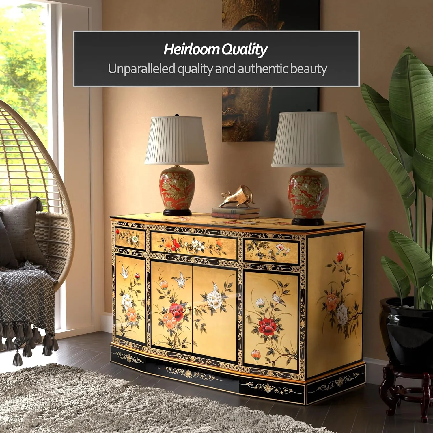 Red Lantern Artisan Crafted Gold Lacquer Slant Sideboard - Birds and Flowers