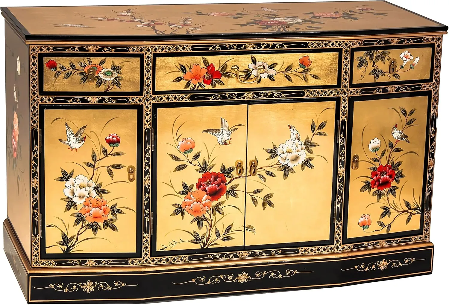 Red Lantern Artisan Crafted Gold Lacquer Slant Sideboard - Birds and Flowers