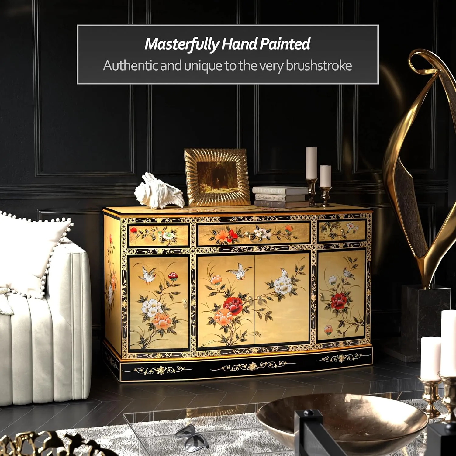 Red Lantern Artisan Crafted Gold Lacquer Slant Sideboard - Birds and Flowers