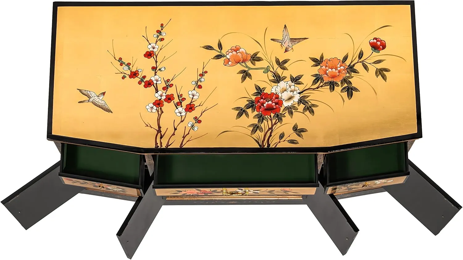 Red Lantern Artisan Crafted Gold Lacquer Slant Sideboard - Birds and Flowers