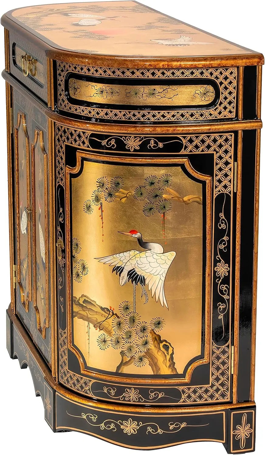 Red Lantern Gold Lacquer Cranes Cabinet, Large