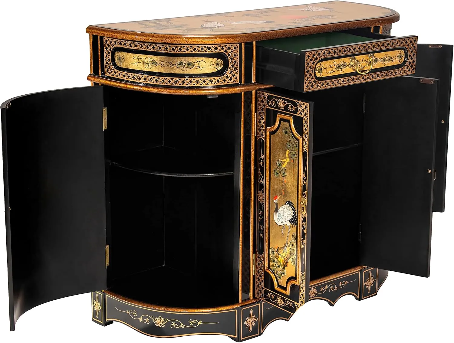 Red Lantern Gold Lacquer Cranes Cabinet, Large