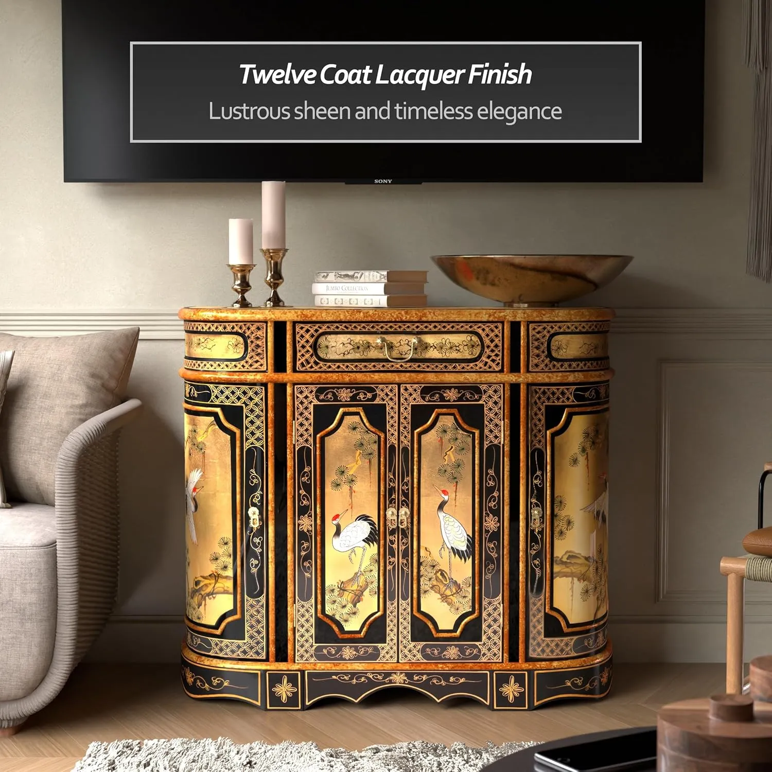 Red Lantern Gold Lacquer Cranes Cabinet, Large