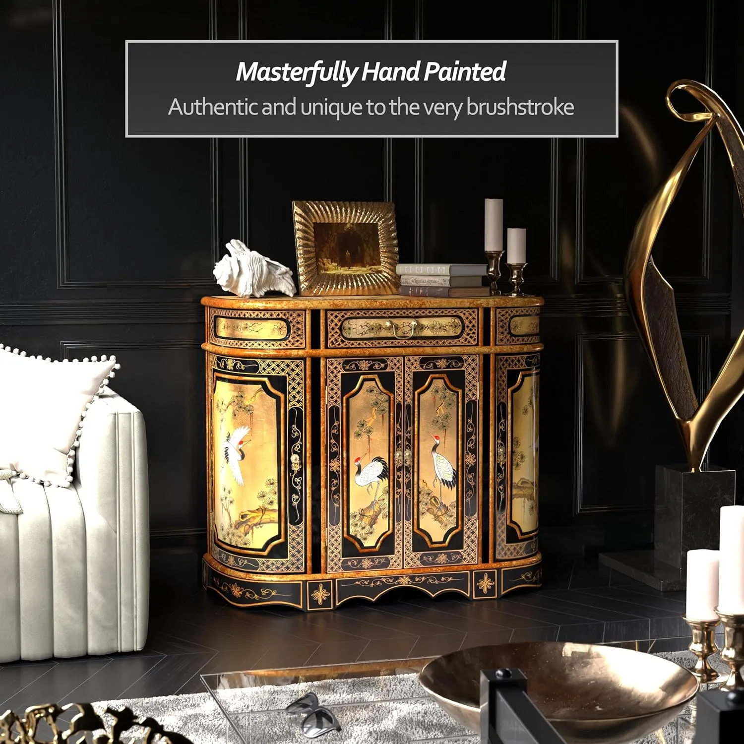 Red Lantern Gold Lacquer Cranes Cabinet, Large