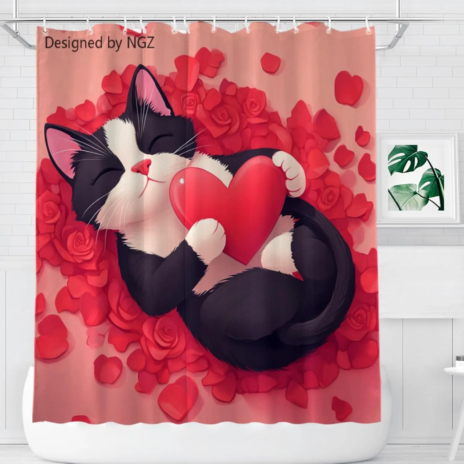 Red Rose Tuxedo_Cat Floral Shower Curtain, Cute Animal with Red Heart Decorative Bath Curtain, 72 x 72 Inch Bathroom Curtain with 12 Hooks
