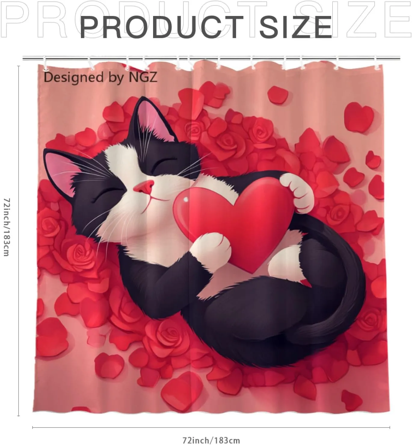 Red Rose Tuxedo_Cat Floral Shower Curtain, Cute Animal with Red Heart Decorative Bath Curtain, 72 x 72 Inch Bathroom Curtain with 12 Hooks