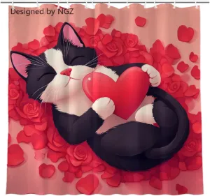 Red Rose Tuxedo_Cat Floral Shower Curtain, Cute Animal with Red Heart Decorative Bath Curtain, 72 x 72 Inch Bathroom Curtain with 12 Hooks