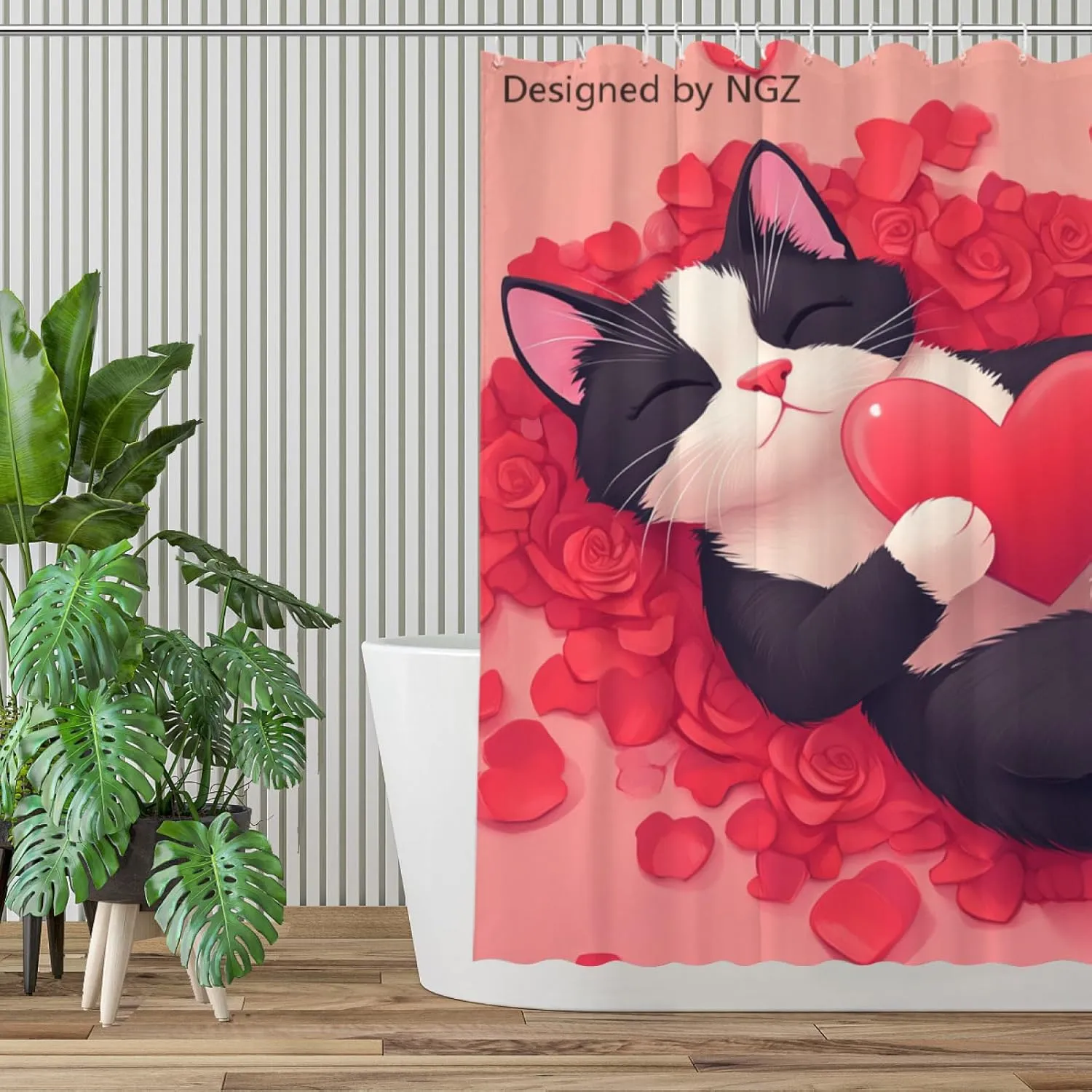 Red Rose Tuxedo_Cat Floral Shower Curtain, Cute Animal with Red Heart Decorative Bath Curtain, 72 x 72 Inch Bathroom Curtain with 12 Hooks