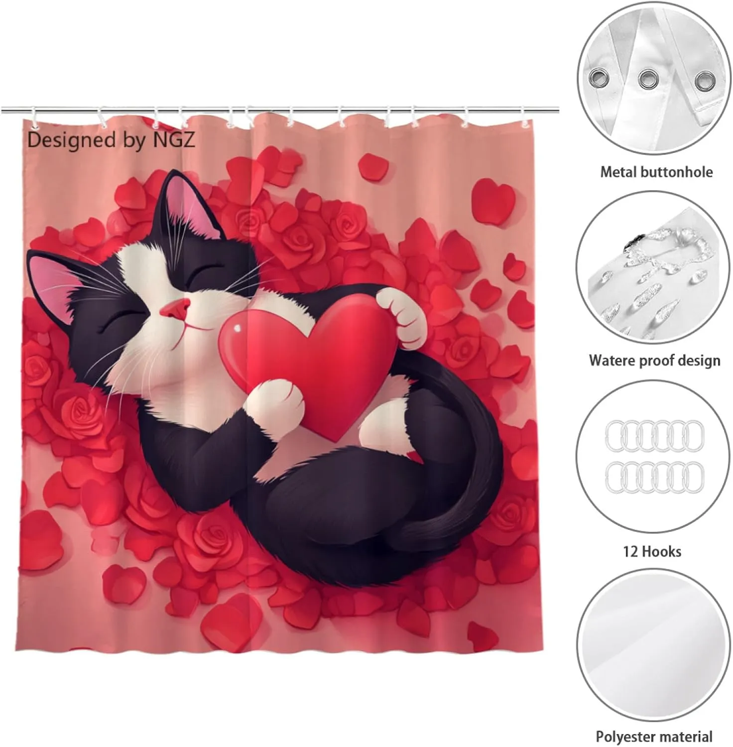 Red Rose Tuxedo_Cat Floral Shower Curtain, Cute Animal with Red Heart Decorative Bath Curtain, 72 x 72 Inch Bathroom Curtain with 12 Hooks