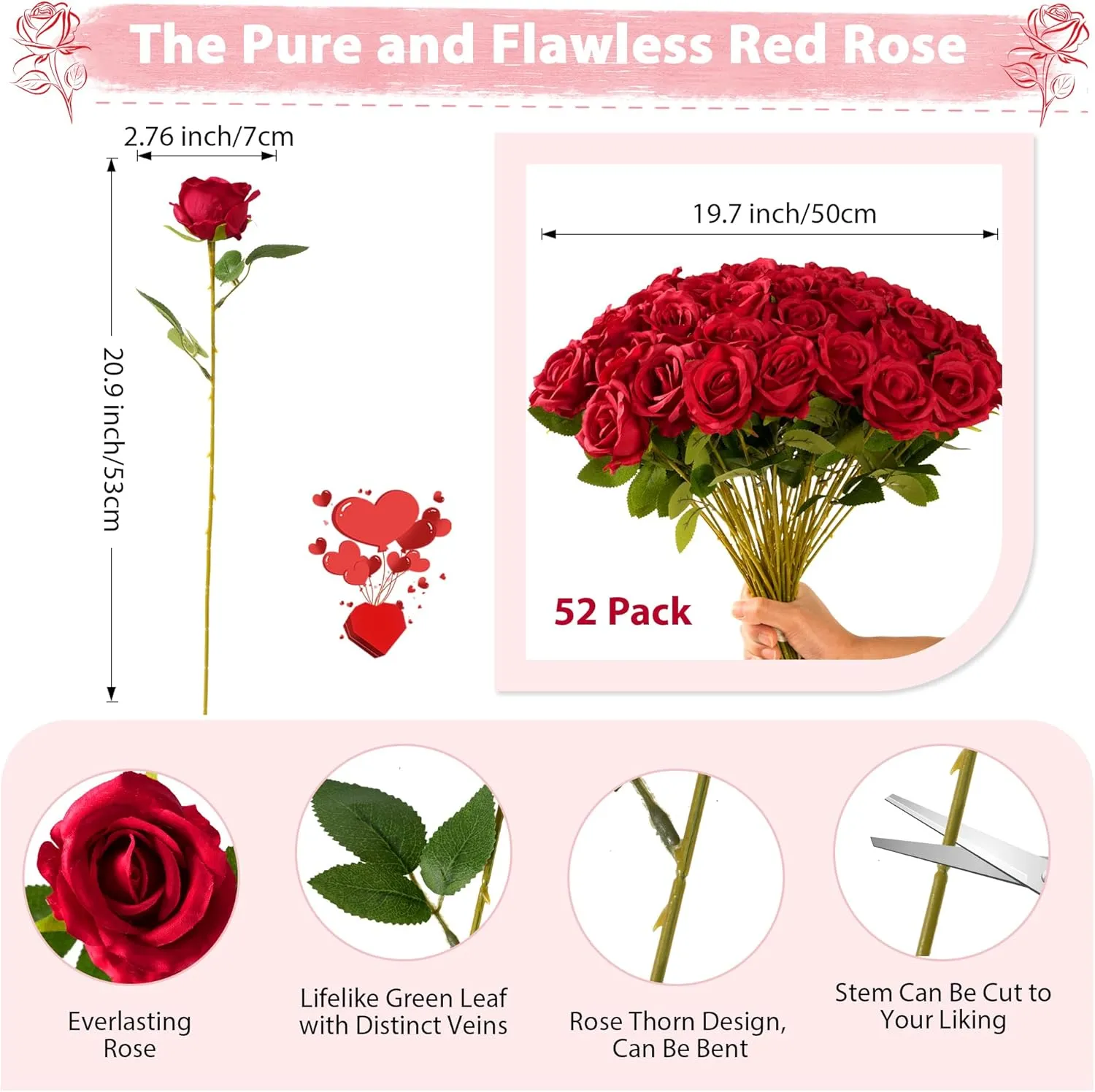 Red Roses Artificial Flowers Bulk, 52Pcs Fake Roses Flower Arrangement, DIY Silk Flowers Roses Bouquet, Realistic Faux Artificial Roses for Mother's Day Home Table Decor