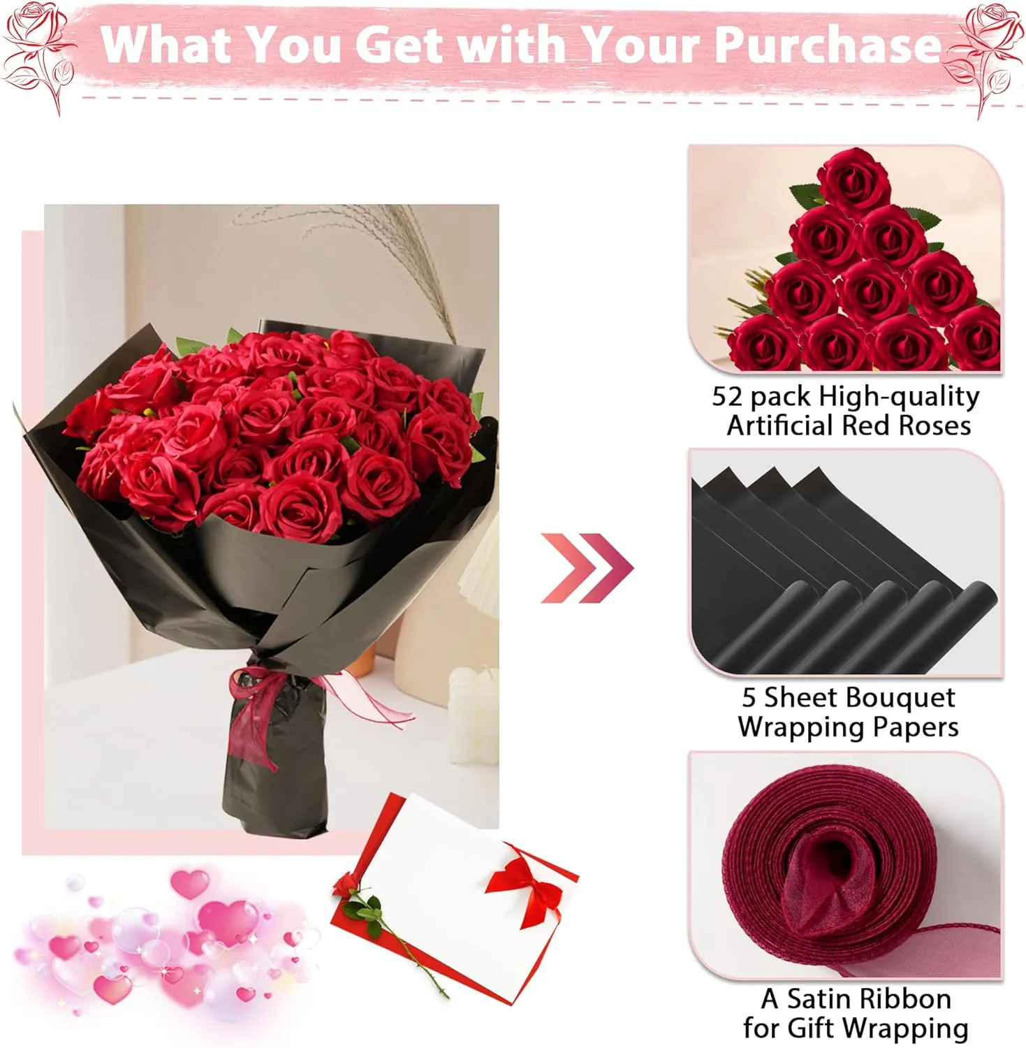 Red Roses Artificial Flowers Bulk, 52Pcs Fake Roses Flower Arrangement, DIY Silk Flowers Roses Bouquet, Realistic Faux Artificial Roses for Mother's Day Home Table Decor