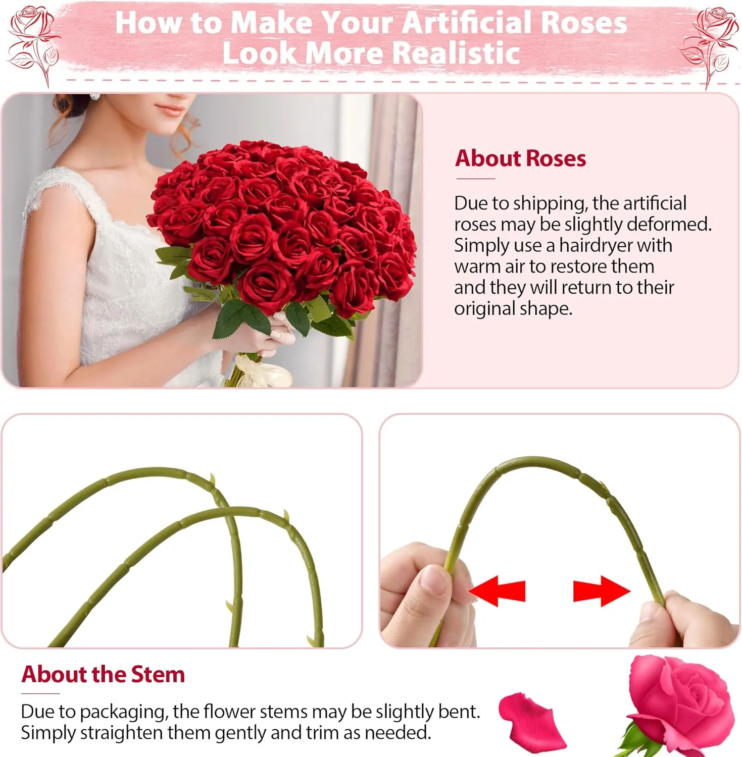 Red Roses Artificial Flowers Bulk, 52Pcs Fake Roses Flower Arrangement, DIY Silk Flowers Roses Bouquet, Realistic Faux Artificial Roses for Mother's Day Home Table Decor