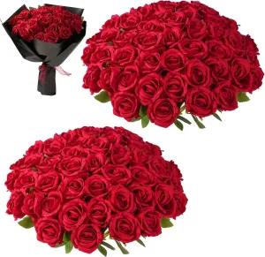 Red Roses Artificial Flowers Bulk, 52Pcs Fake Roses Flower Arrangement, DIY Silk Flowers Roses Bouquet, Realistic Faux Artificial Roses for Mother's Day Home Table Decor