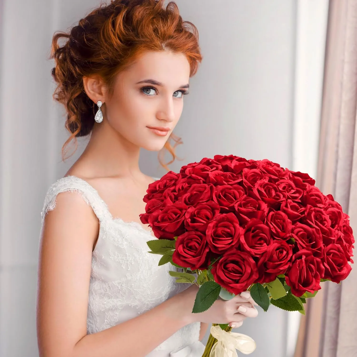 Red Roses Artificial Flowers Bulk, 52Pcs Fake Roses Flower Arrangement, DIY Silk Flowers Roses Bouquet, Realistic Faux Artificial Roses for Mother's Day Home Table Decor