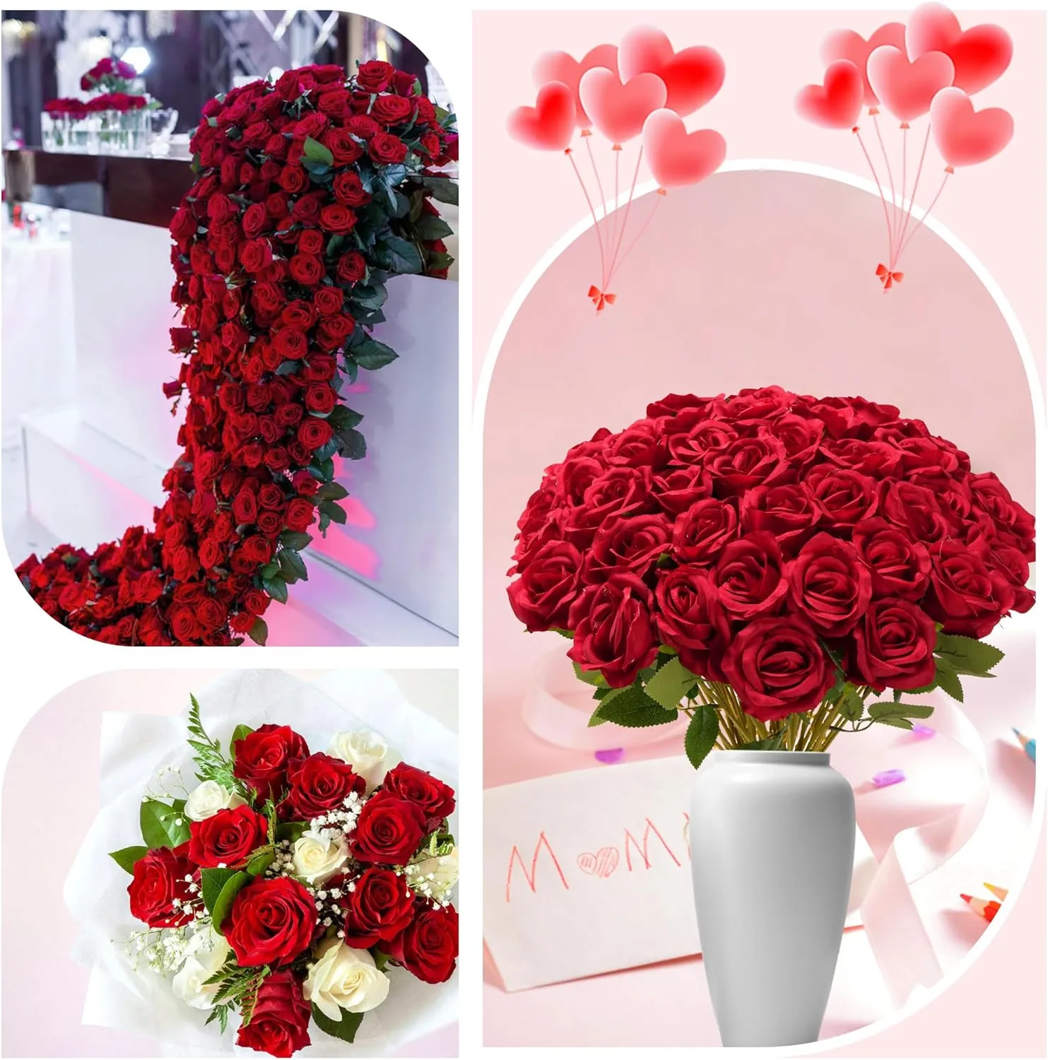 Red Roses Artificial Flowers Bulk, 52Pcs Fake Roses Flower Arrangement, DIY Silk Flowers Roses Bouquet, Realistic Faux Artificial Roses for Mother's Day Home Table Decor