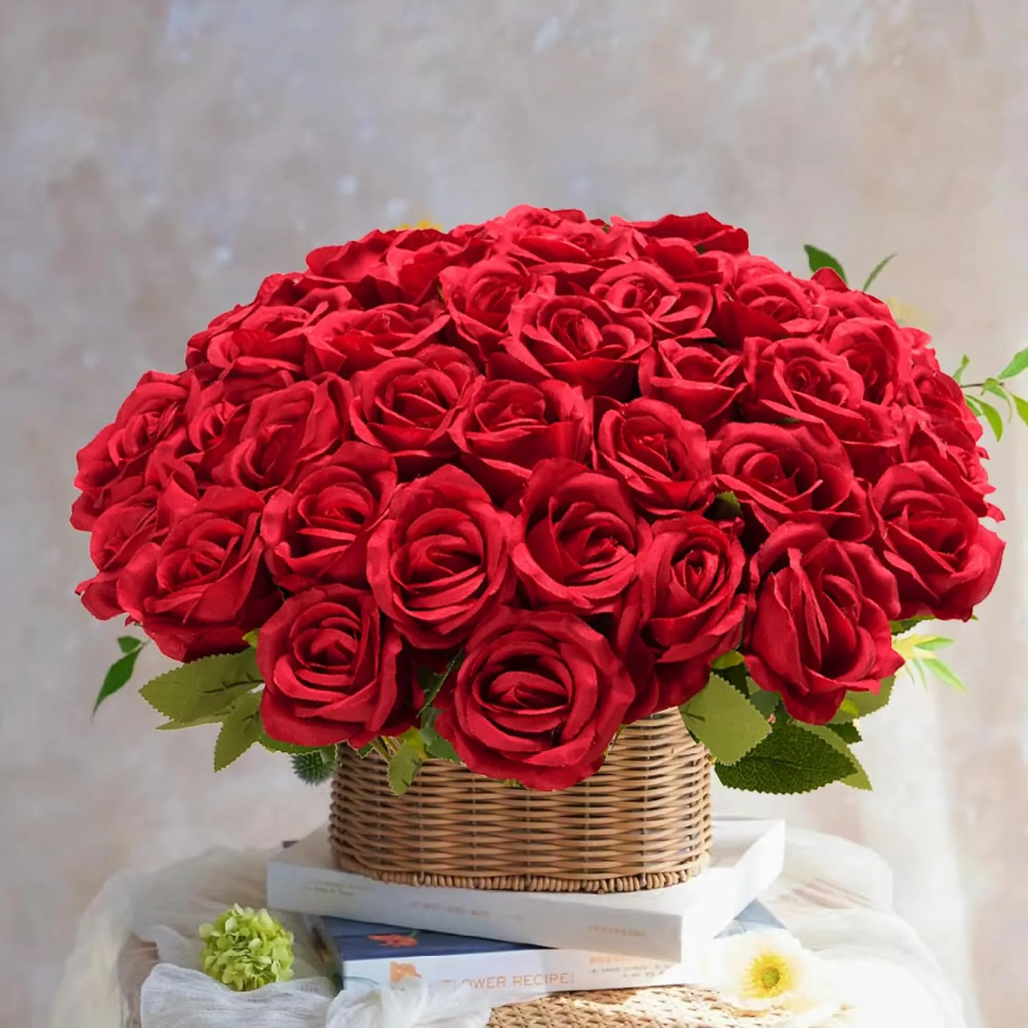 Red Roses Artificial Flowers Bulk, 52Pcs Fake Roses Flower Arrangement, DIY Silk Flowers Roses Bouquet, Realistic Faux Artificial Roses for Mother's Day Home Table Decor