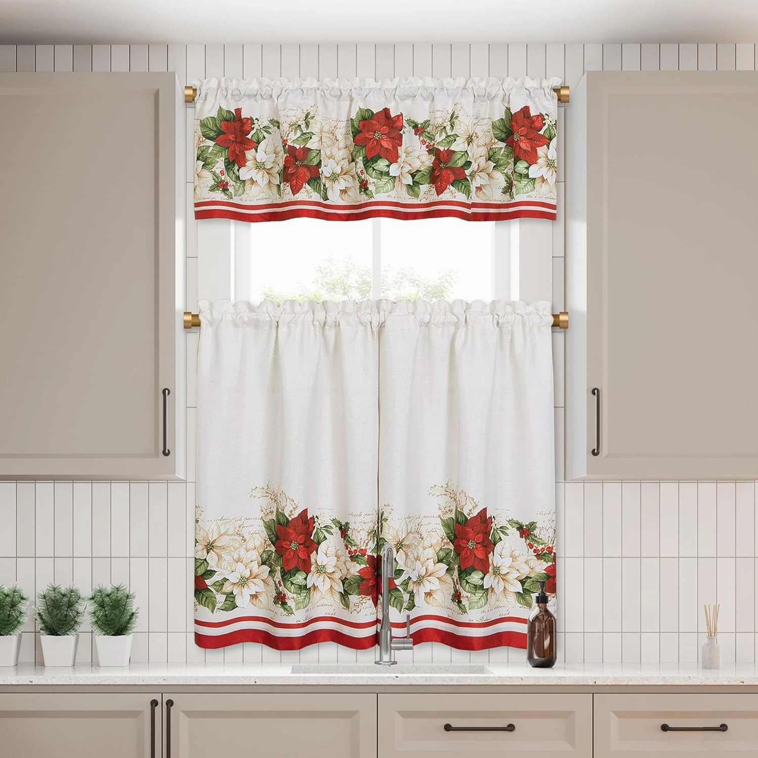 Red and White Poinsettia Elegant Holiday Christmas Kitchen/Café and Bath Tiers and Valance, 3 Piece Set