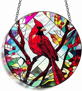 Red Bird Memorial Suncatcher, Memorial Panel Glass Stained Glass Indoor Window Art Wall Decor for Bird Lover.