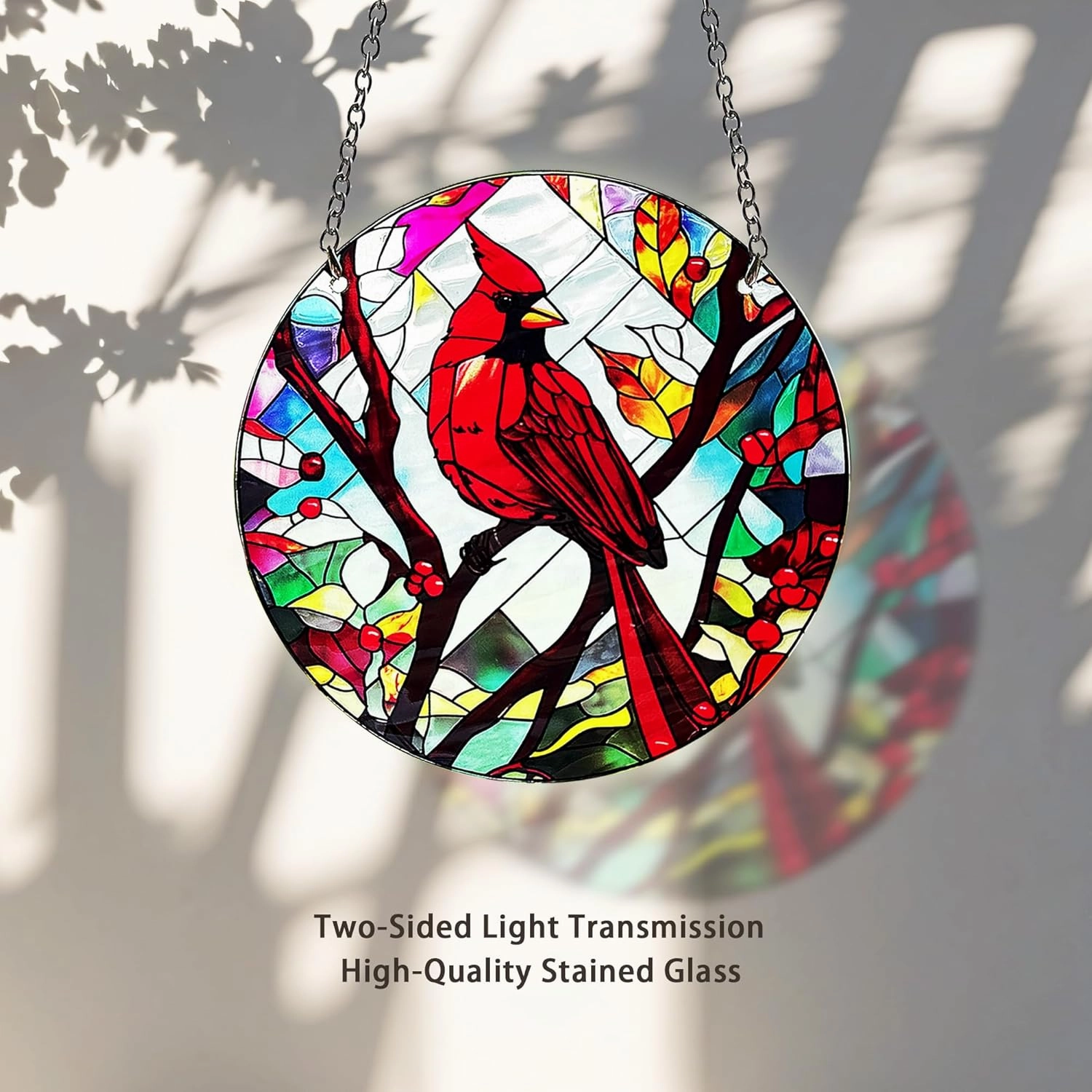 Red Bird Memorial Suncatcher, Memorial Panel Glass Stained Glass Indoor Window Art Wall Decor for Bird Lover.