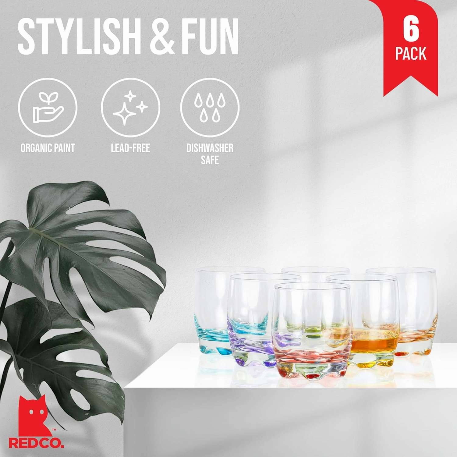 Red Co. Vibrant Splash Water/Beverage Glasses, 9.75 Ounce (6)