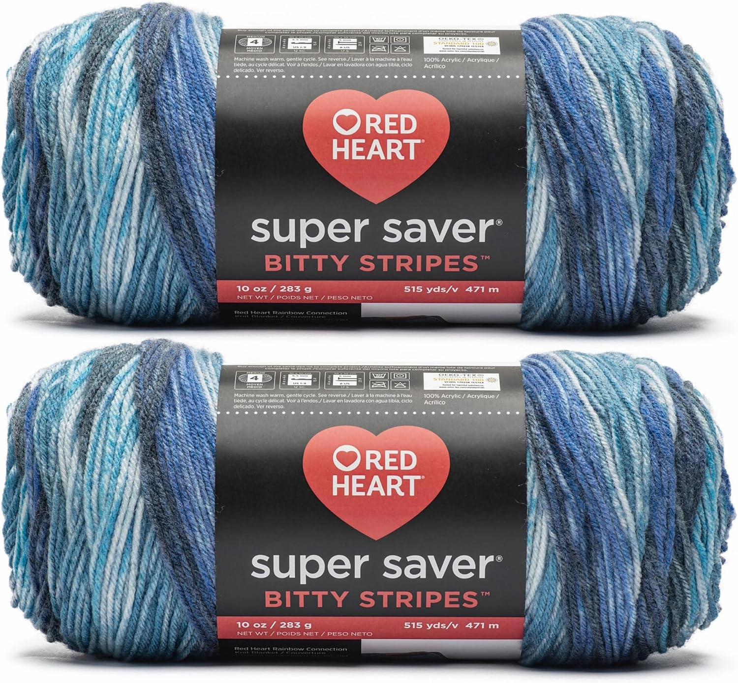 Red Heart Super Saver Bitty Stripe Horizon Yarn - 2 Pack of 10oz/283g - 100% Acrylic - #4 Worsted (Medium) - 515 Yards - Knitting/Crochet