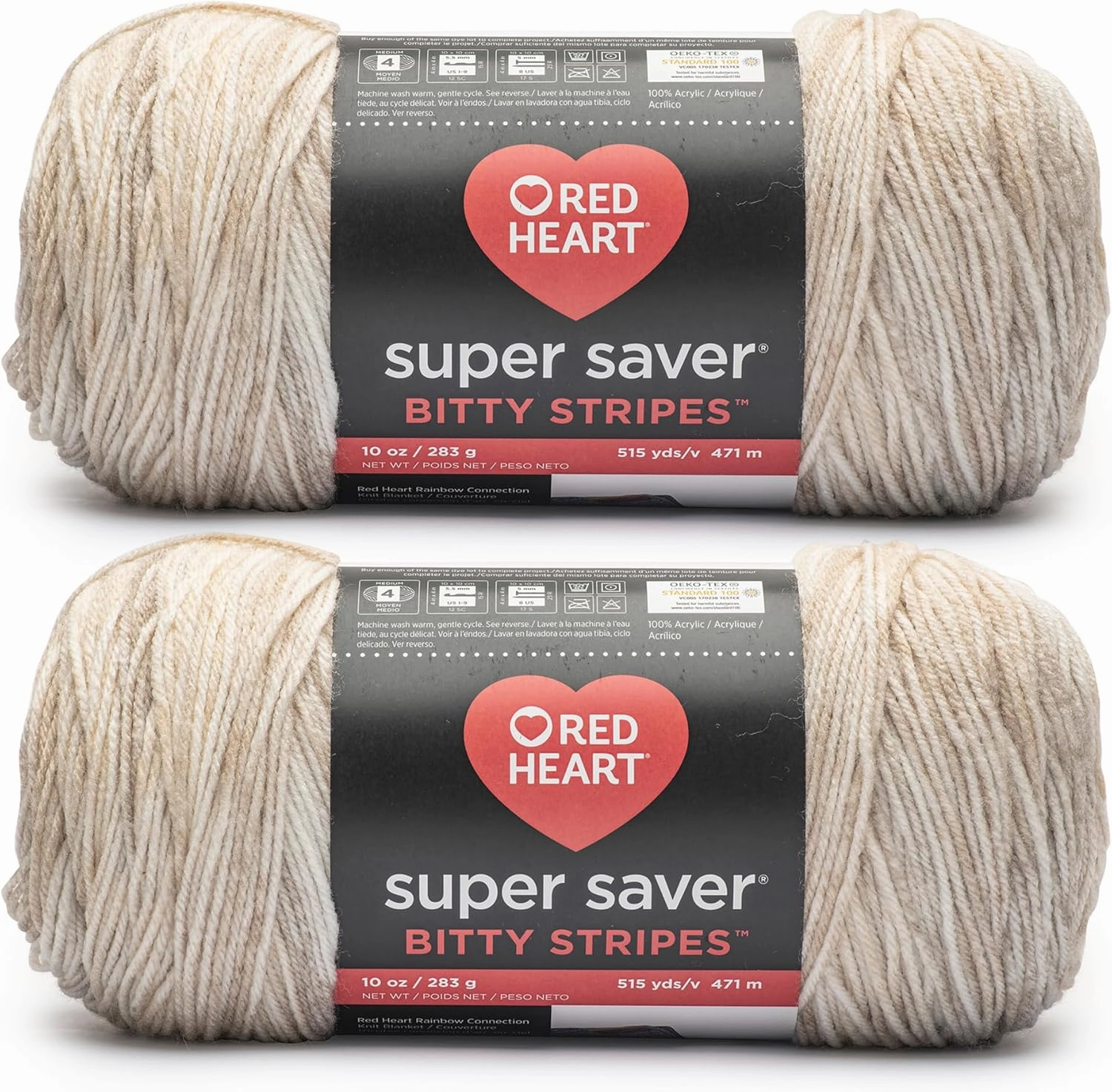 Red Heart Super Saver Bitty Stripe Moonbeam Yarn - 2 Pack of 10oz/283g - 100% Acrylic - #4 Worsted (Medium) - 515 Yards - Knitting/Crochet