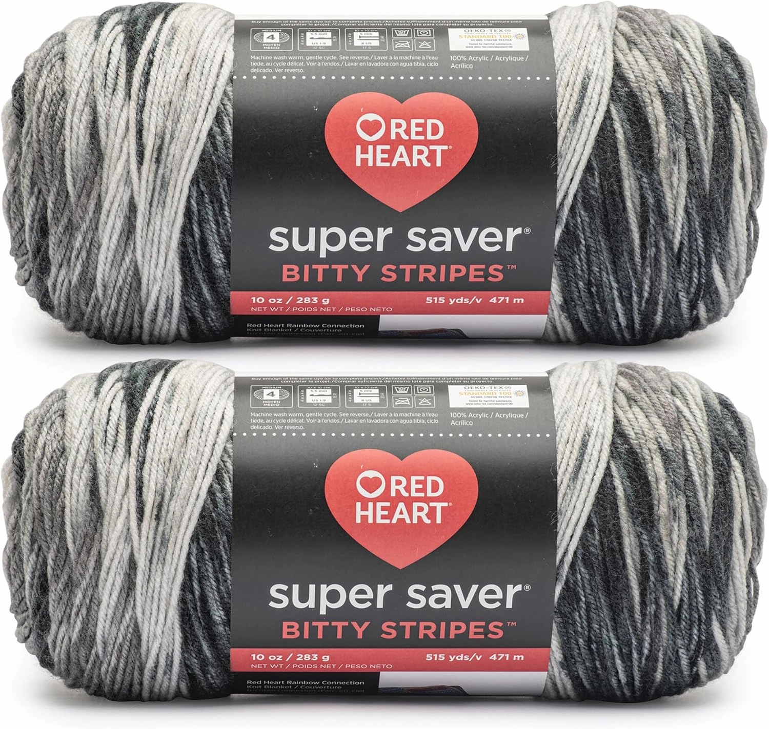 Red Heart Super Saver Bitty Stripe Newsprint Yarn - 2 Pack of 10oz/283g - 100% Acrylic - #4 Worsted (Medium) - 515 Yards - Knitting/Crochet