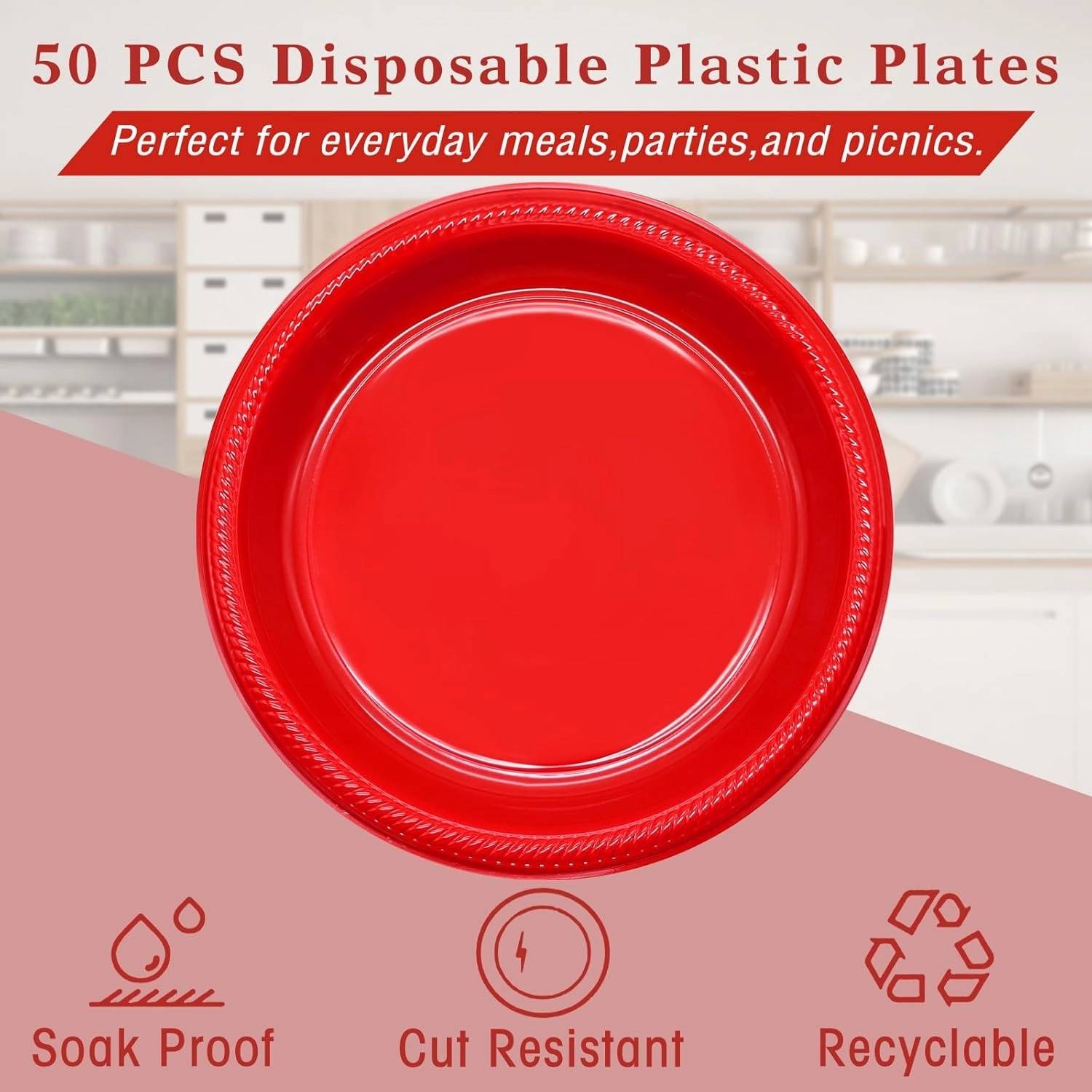 Red Plastic Plates Disposable 10 inch | 50 PCS Red Disposable Plates for Party, Picnic, Birthday, Graduation Party Patriotic Day
