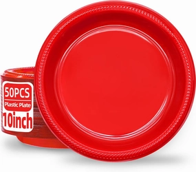 Red Plastic Plates Disposable 10 inch | 50 PCS Red Disposable Plates for Party, Picnic, Birthday, Graduation Party Patriotic Day