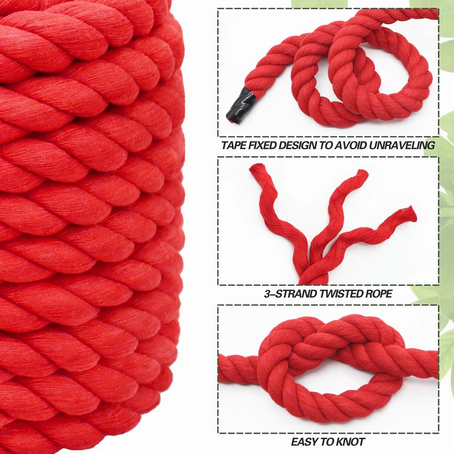 Red Rope 1 inch x 100 feet - Thick Cotton Rope for Swing Hanging Landscaping Tug of War