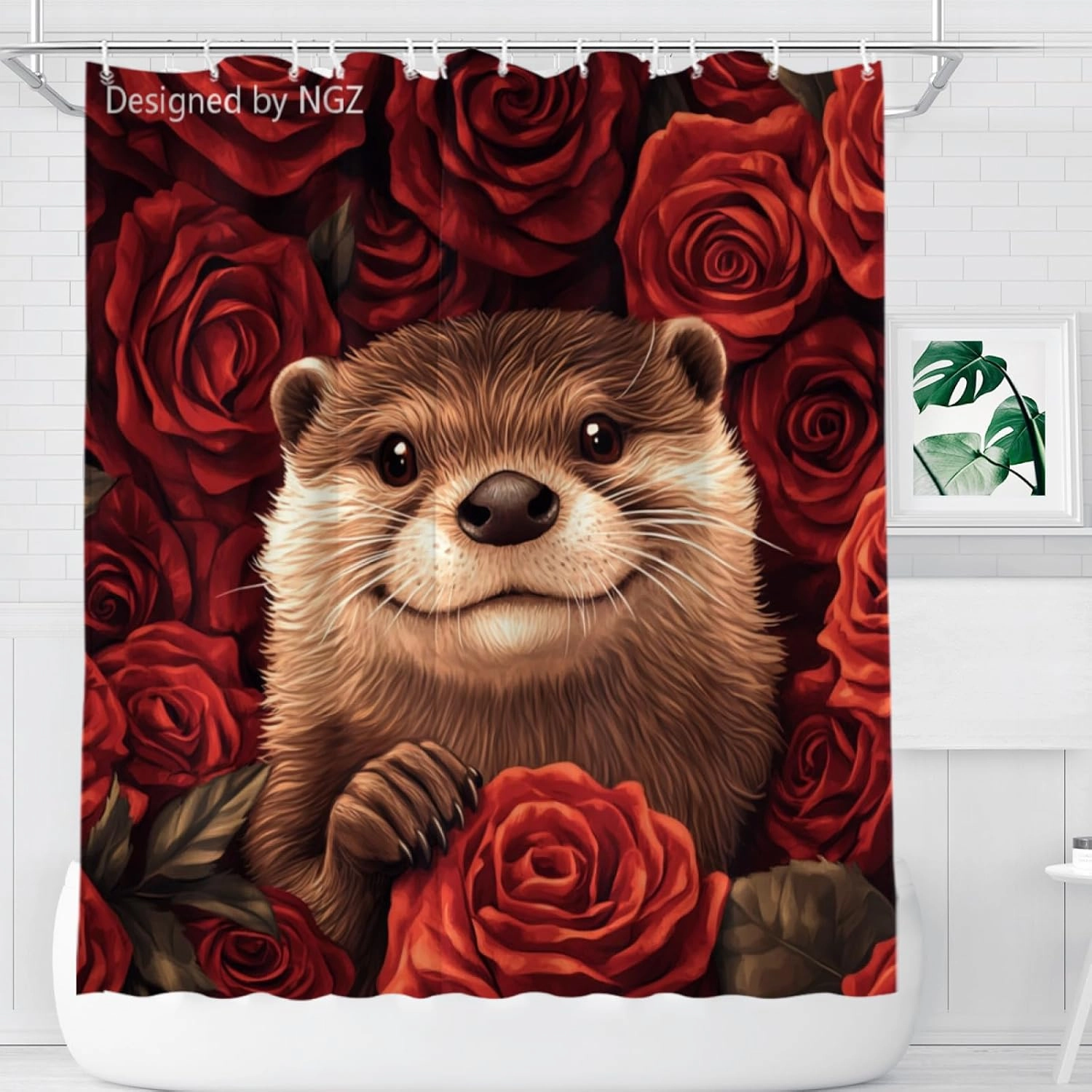 Red Rose Shower Curtain, Cute Otter Big Rose Floral Shower Curtain for Bathroom Decor, 72 x 72 Inch Bathroom Curtain with 12 Hooks