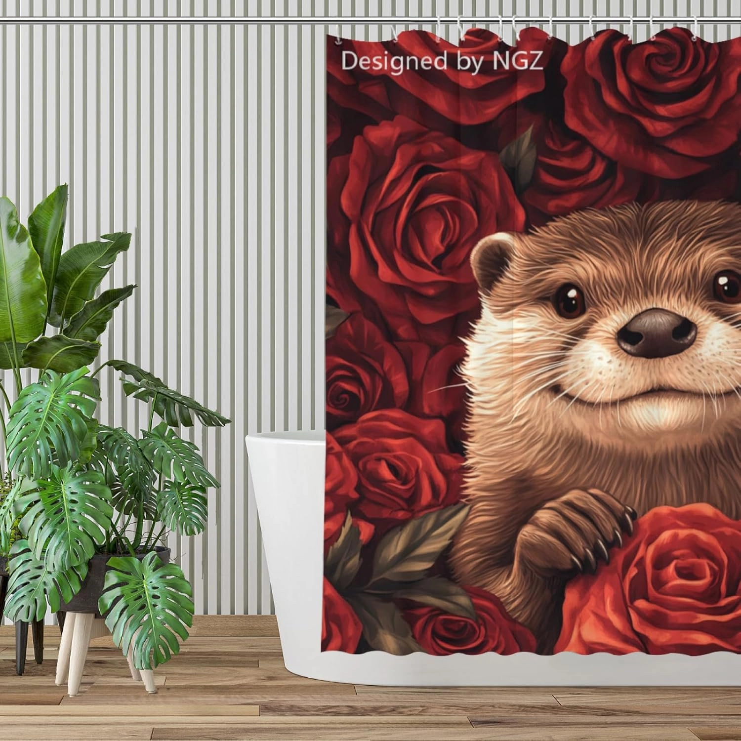 Red Rose Shower Curtain, Cute Otter Big Rose Floral Shower Curtain for Bathroom Decor, 72 x 72 Inch Bathroom Curtain with 12 Hooks