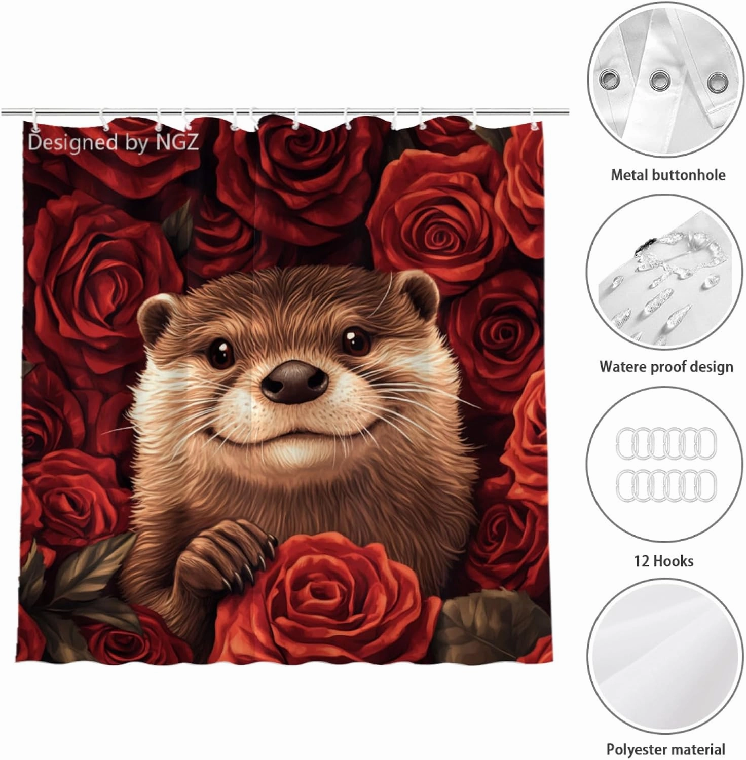 Red Rose Shower Curtain, Cute Otter Big Rose Floral Shower Curtain for Bathroom Decor, 72 x 72 Inch Bathroom Curtain with 12 Hooks