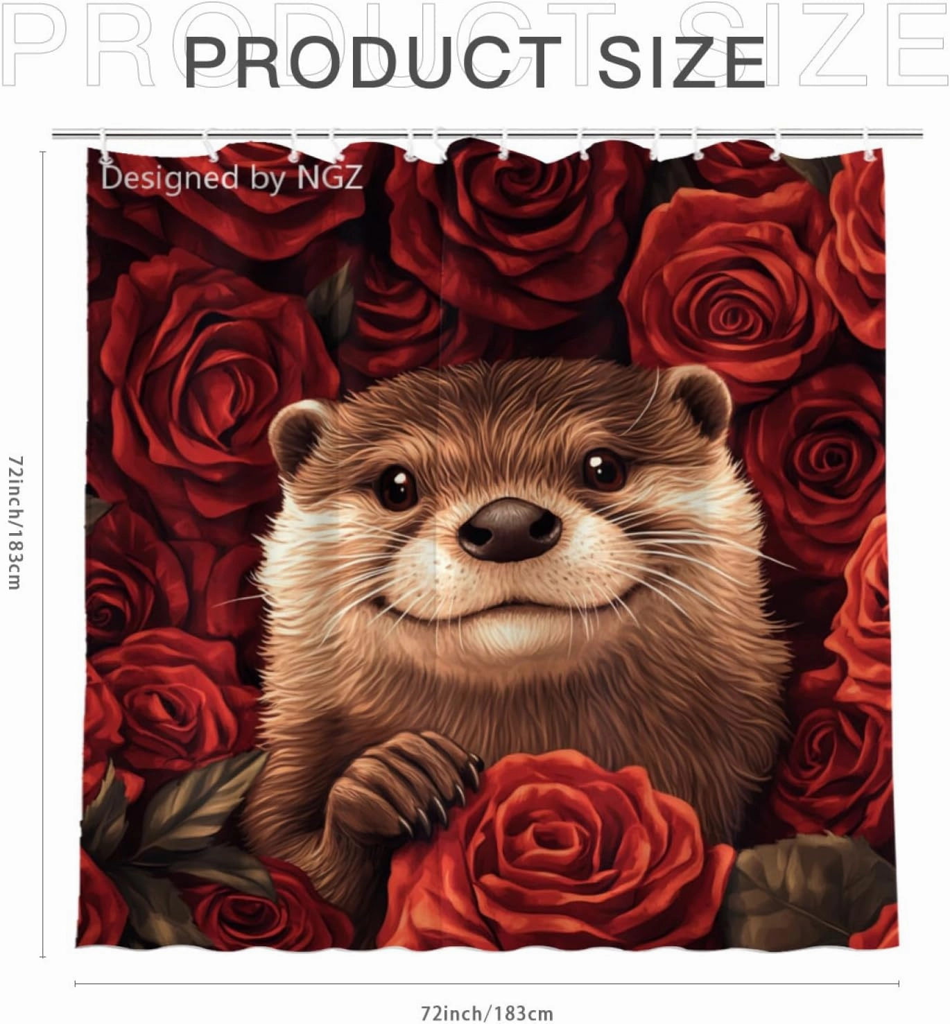 Red Rose Shower Curtain, Cute Otter Big Rose Floral Shower Curtain for Bathroom Decor, 72 x 72 Inch Bathroom Curtain with 12 Hooks