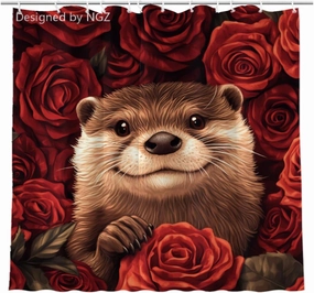 Red Rose Shower Curtain, Cute Otter Big Rose Floral Shower Curtain for Bathroom Decor, 72 x 72 Inch Bathroom Curtain with 12 Hooks