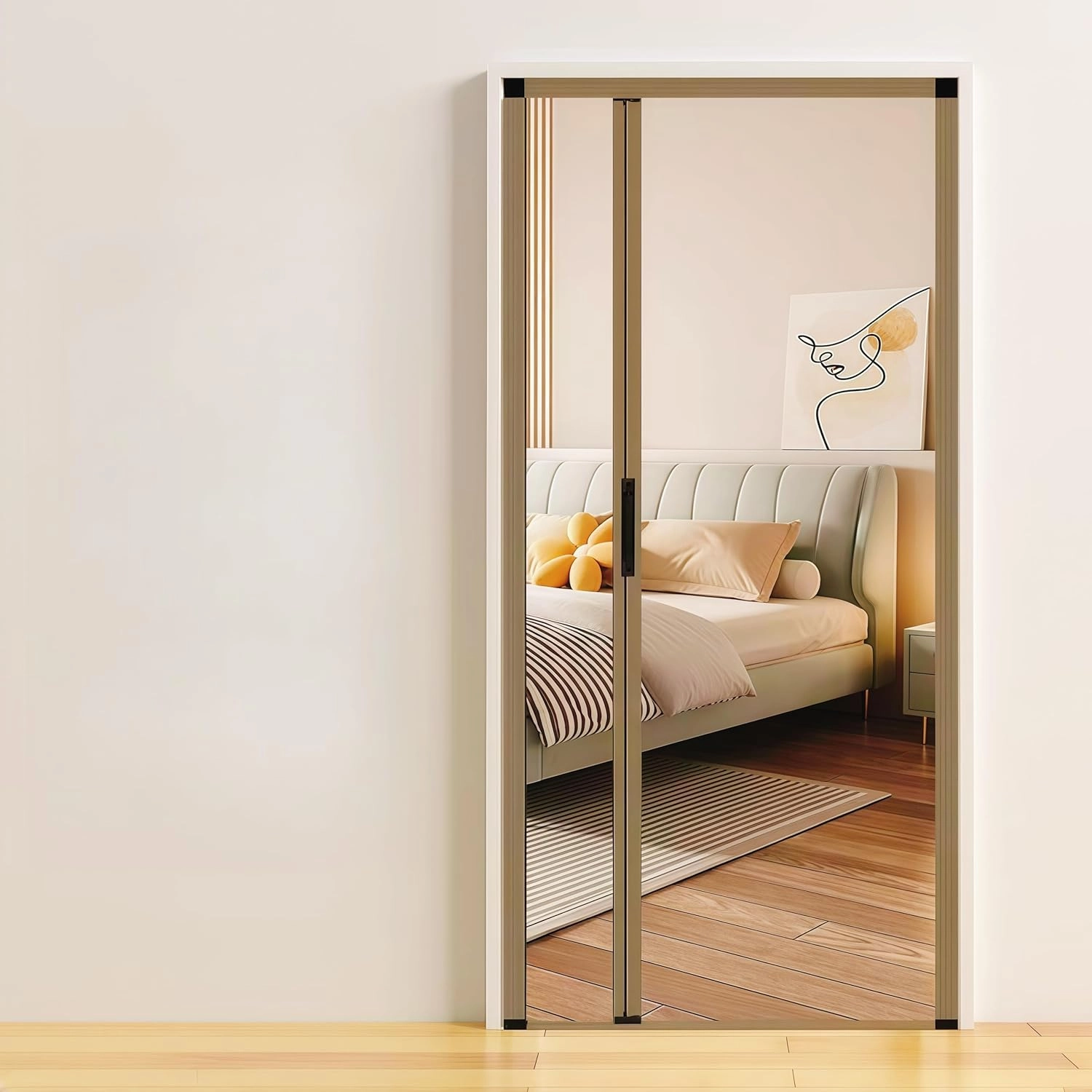 Retractable Screen Door,No-Drilling Folding Screen Door for Single or Double Door,Low-Profile Tracks Sliding Door with Aluminum Frame,Keeping Insects Out,Custom Size (Rich Gold)