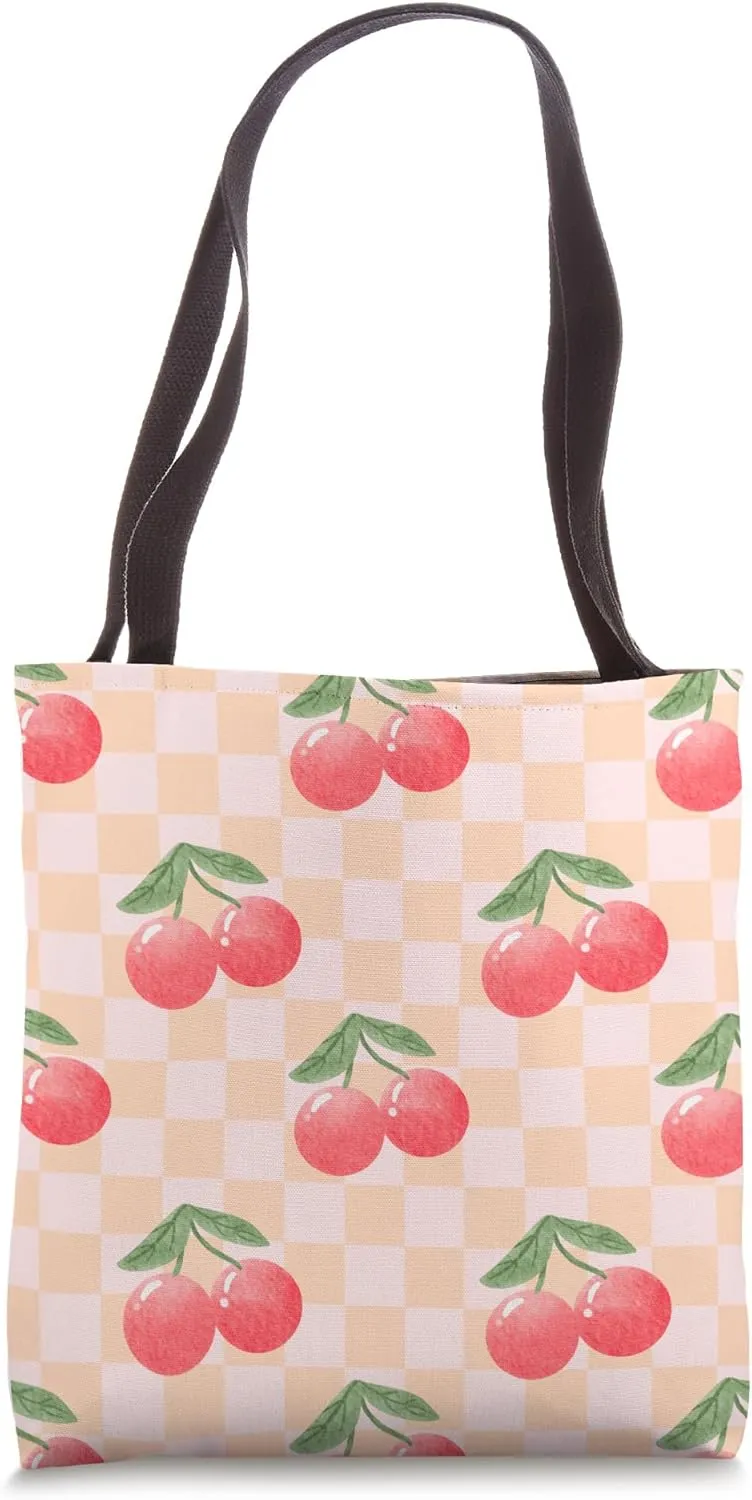 Retro Red Cherries Peach Classic Checkerboard Summer Tote Bag