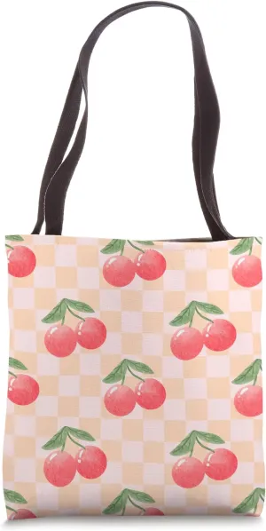 Retro Red Cherries Peach Classic Checkerboard Summer Tote Bag