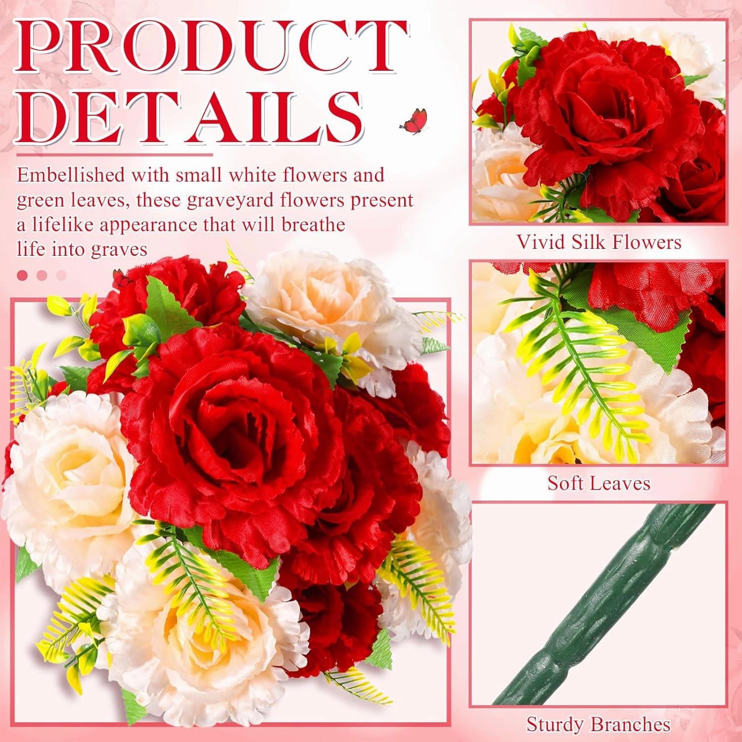 Riceshoot 2 Bouquets Cemetery Flowers for Grave Memorial Day 12 Heads Artificial Peony Flowers Grave Faux Silk Arrangement for Headstone Tombstone Decorations Summer,16.54 Inch(Champagne, Red)