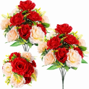 Riceshoot 2 Bouquets Cemetery Flowers for Grave Memorial Day 12 Heads Artificial Peony Flowers Grave Faux Silk Arrangement for Headstone Tombstone Decorations Summer,16.54 Inch(Champagne, Red)