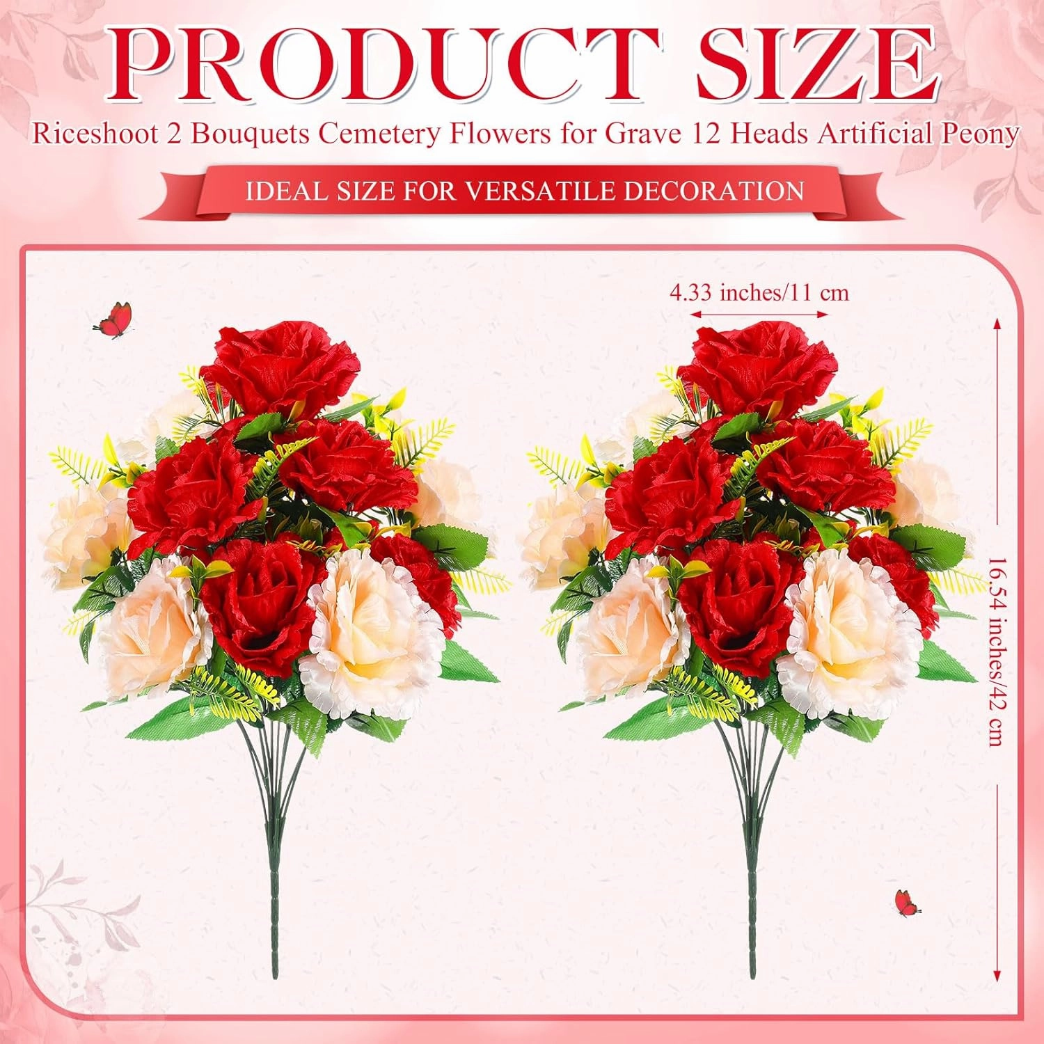 Riceshoot 2 Bouquets Cemetery Flowers for Grave Memorial Day 12 Heads Artificial Peony Flowers Grave Faux Silk Arrangement for Headstone Tombstone Decorations Summer,16.54 Inch(Champagne, Red)