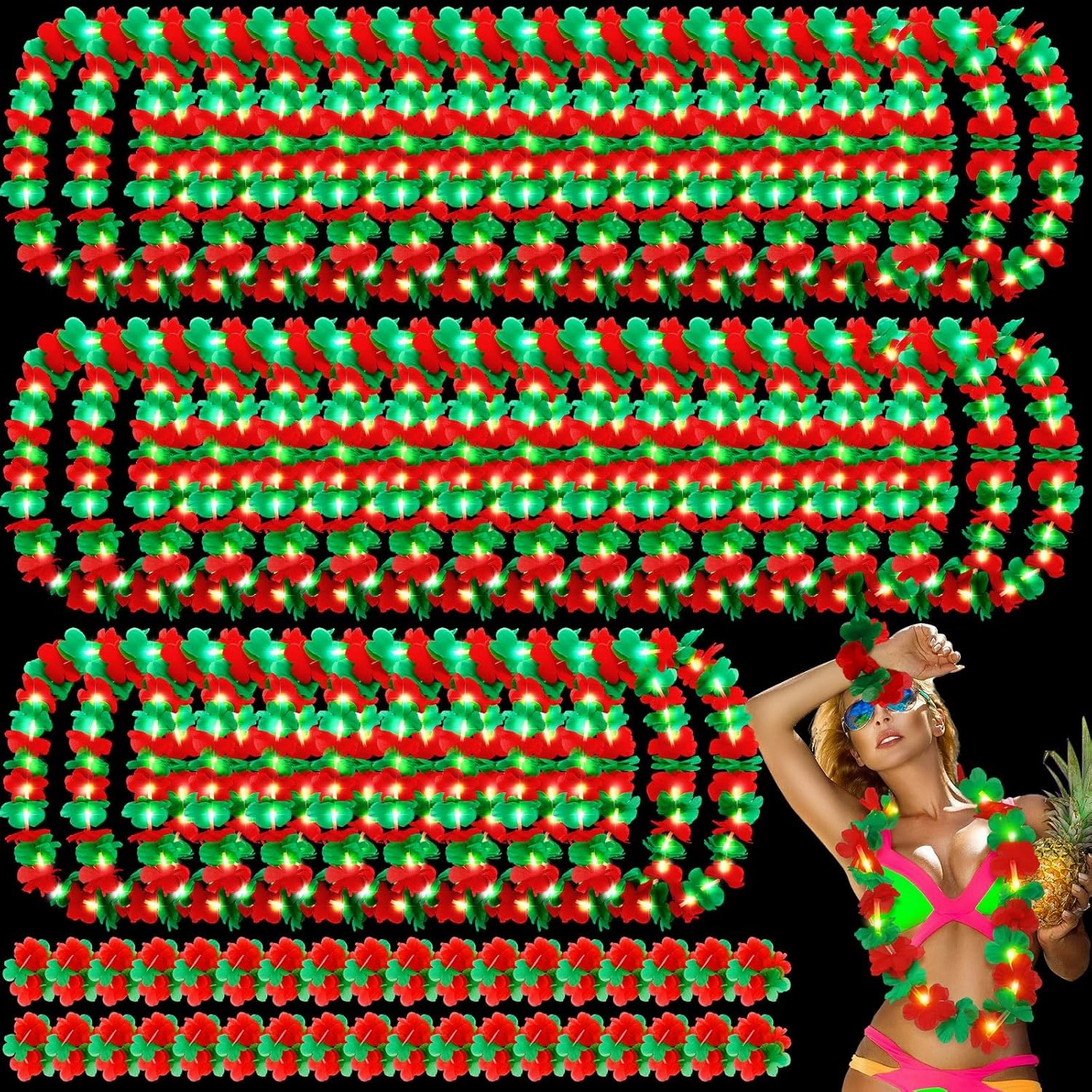 Riceshoot 36 Pcs Hawaiian Christmas in July Leis for Luau Party Decorations Light up Leis Necklace and Wristband Red Green Flower for Christmas Hawaiian Tropical Themed Holiday Luau Party