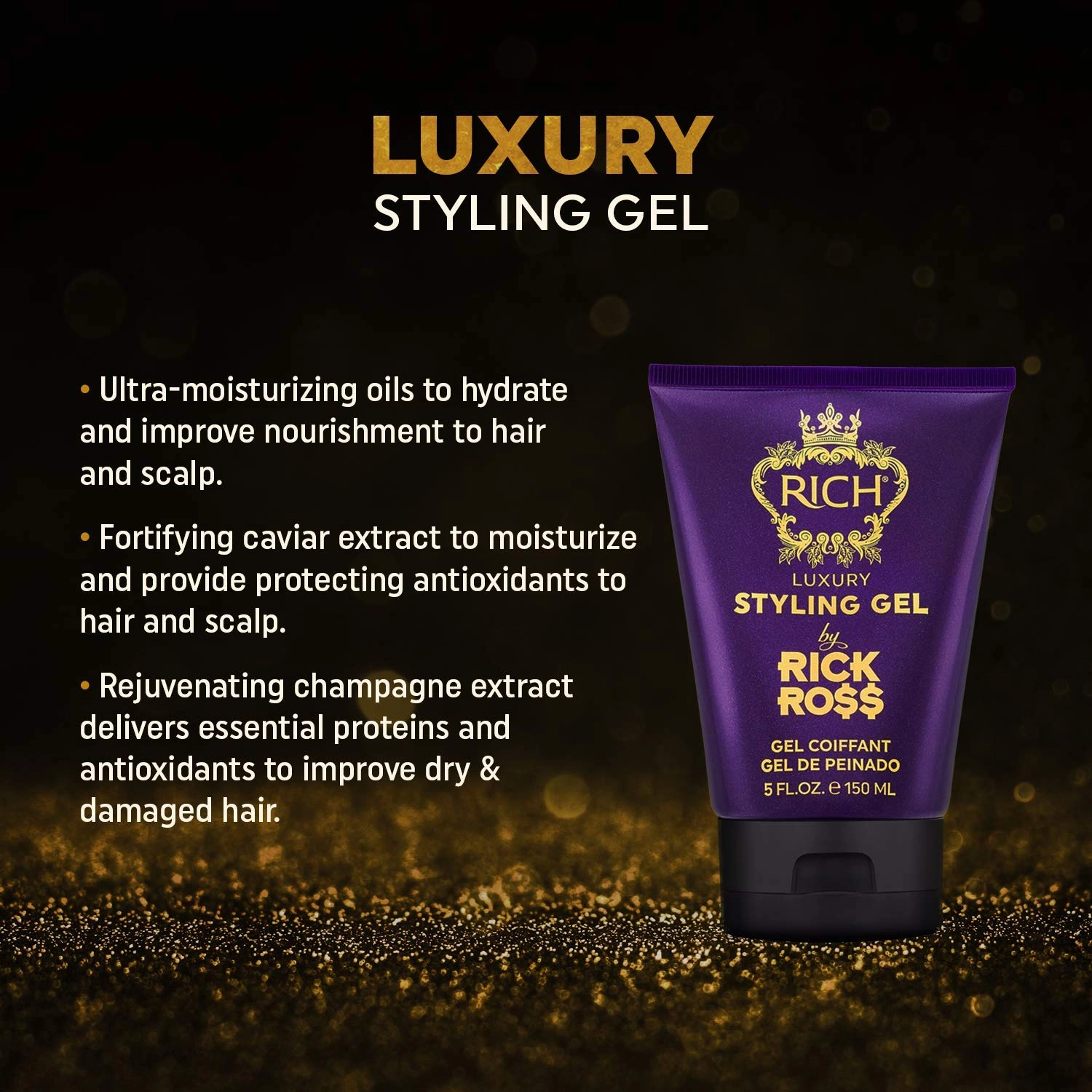 RICH by Rick Ross Luxury Styling Gel for Men with All Hair Types - Rejuvenating & Smoothing - Tames Frizz & Adds Shine - Medium hold, Glossy Finish, 5 Fl oz