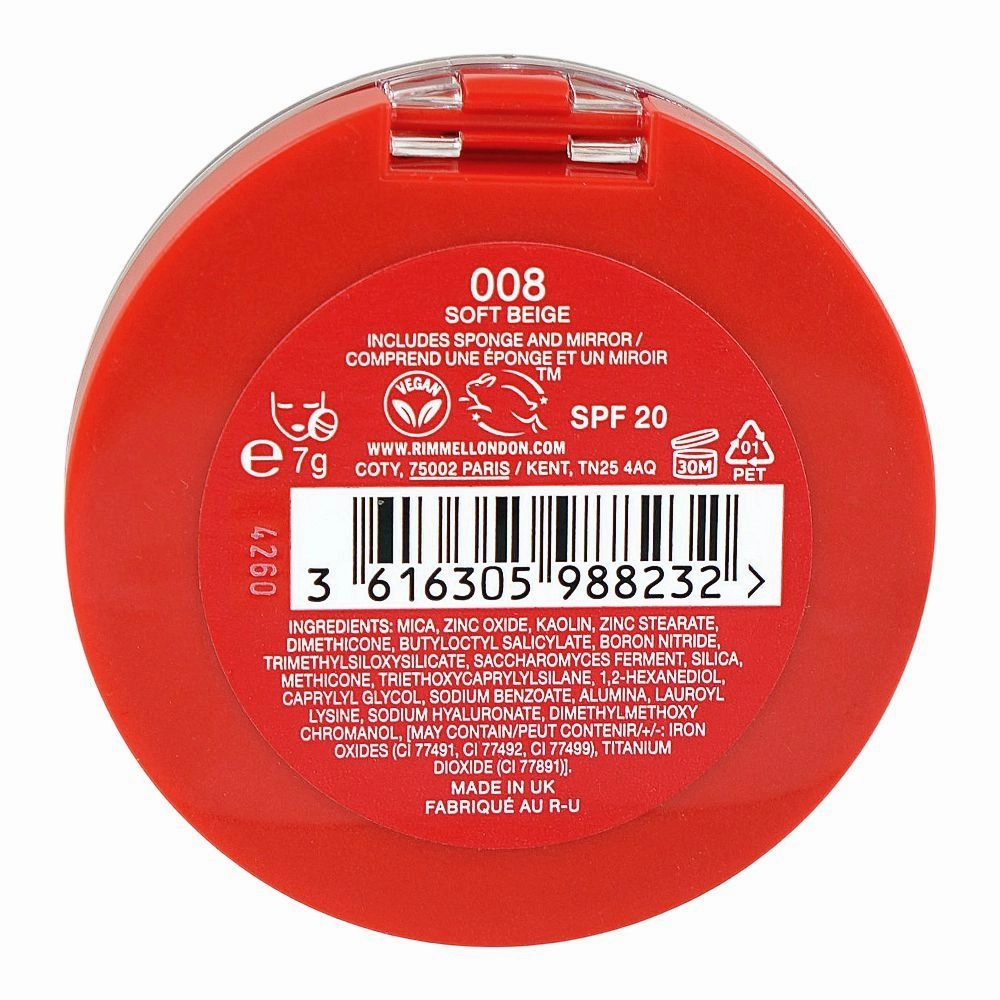 Rimmel Lasting Finish 25H Compact Powder Foundation with Hyaluronic Acid, Matte Finish, SPF20, 008 Soft Beige
