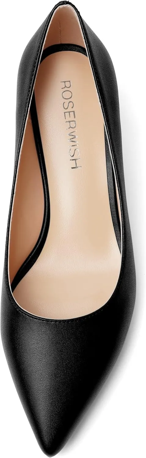 ROSERWISH Womens Casual Pointed Toe Slip On Classic Matte Office Kitten Low Heel Pumps Dress Shoes 2 Inch