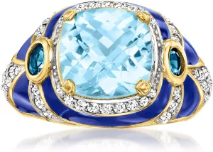 Ross-Simons 4.40 ct. t.w. London and Sky Blue Topaz and .50 ct. t.w. White Zircon Ring With Blue Enamel in 18kt Gold Over Sterling